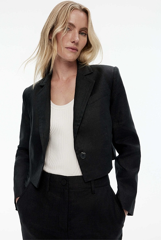 Linen Single-Breasted Cropped Blazer - Black