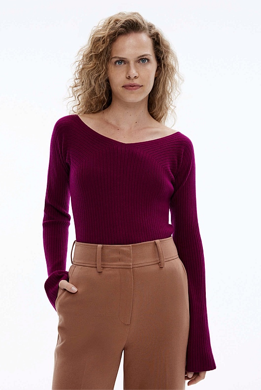 Rib Wide V Neck Knit - Deep Magenta