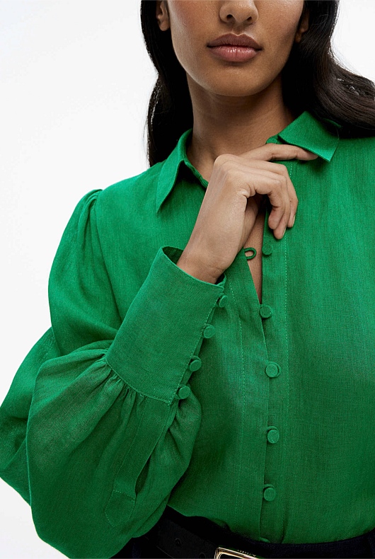 French Linen Volume Sleeve Shirt - Viridian Green