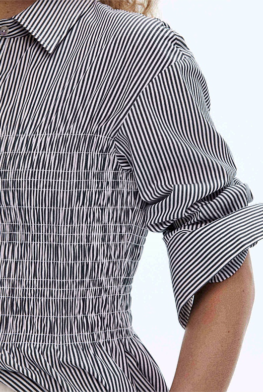 Cotton Stripe Shirred Shirt - Onyx