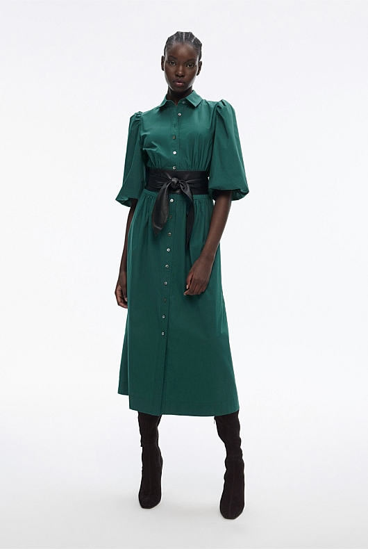 Cotton Bodice Detail Dress - Petrol Green