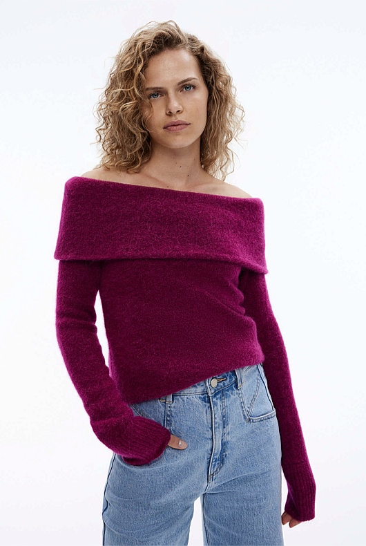 Alpaca Blend Off Shoulder Knit - Deep Magenta