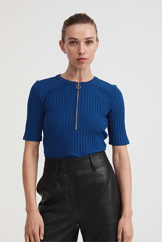 Cotton Rib Zip Front Top - Eclipse Blue