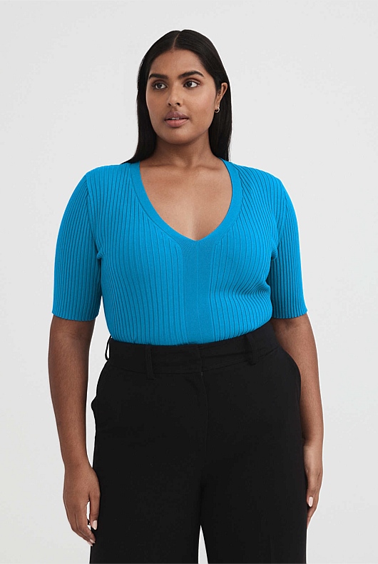 Rib V Neck Short Sleeve Knit - Bright Blue