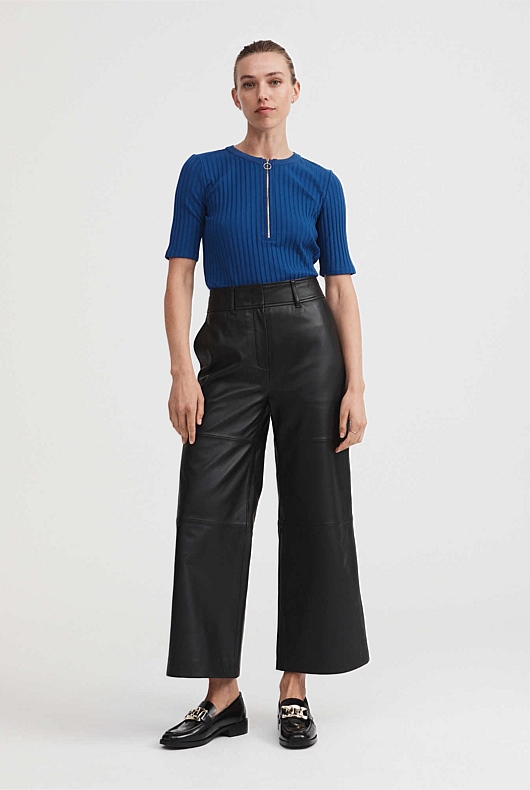 Cotton Rib Zip Front Top - Eclipse Blue