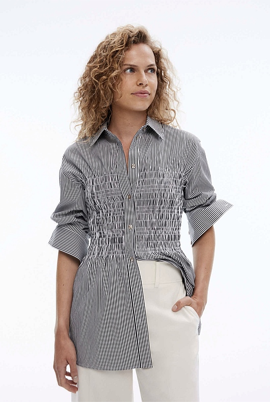 Cotton Stripe Shirred Shirt - Onyx