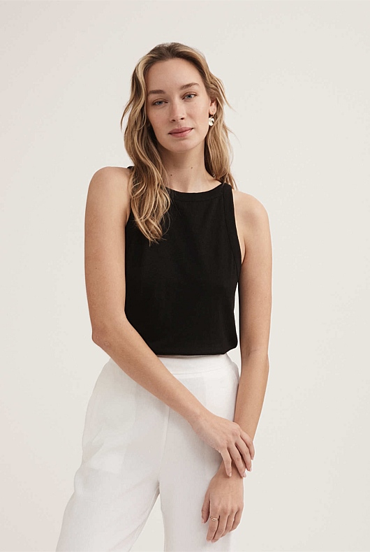 Linen Bind Detail Tank - Black