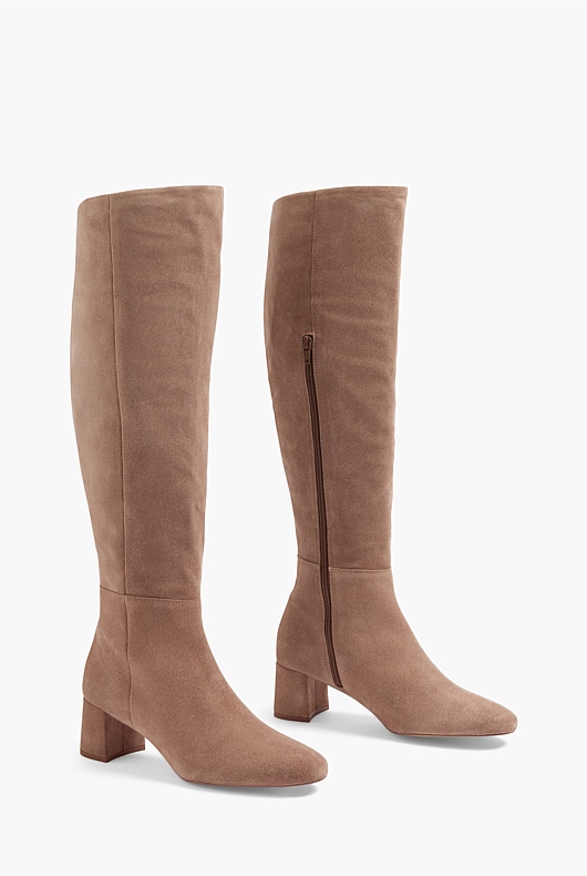Block Heel Knee High Suede Boot - Pebble