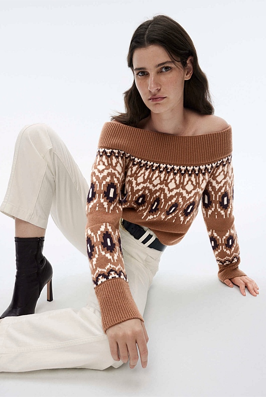 Off Shoulder Fair Isle Knit - Camel