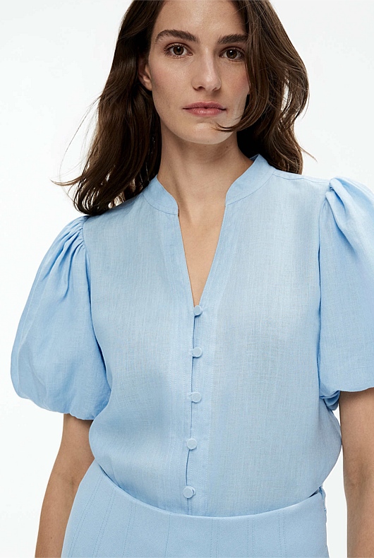 Hemp Puff Sleeve Blouse - Soft Blue