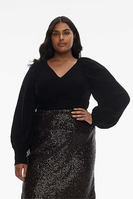 Velvet Gathered Blouse - Black