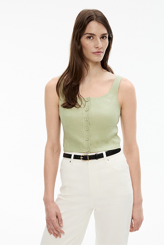 French Linen Cropped Button Bodice - Pistachio