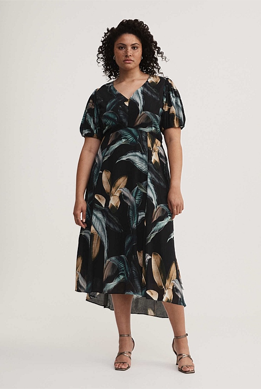 Ink Leaf Print Midi Dress - Phantom