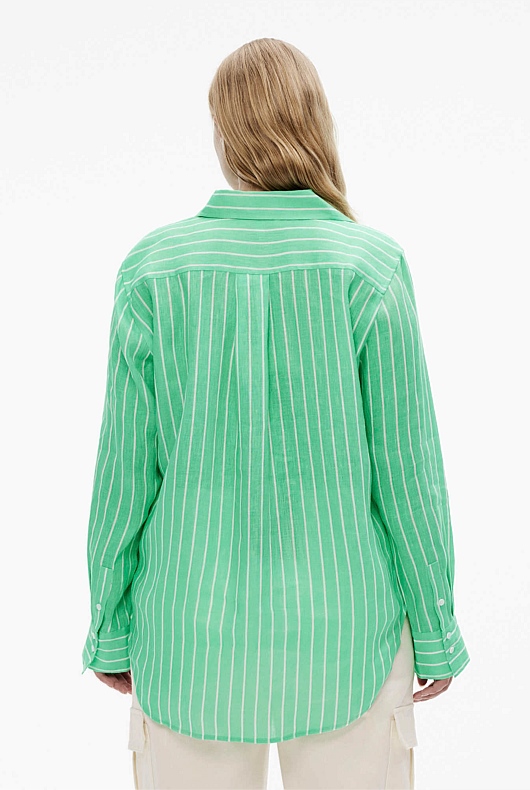 French Linen Stripe Shirt - Kiwi Green