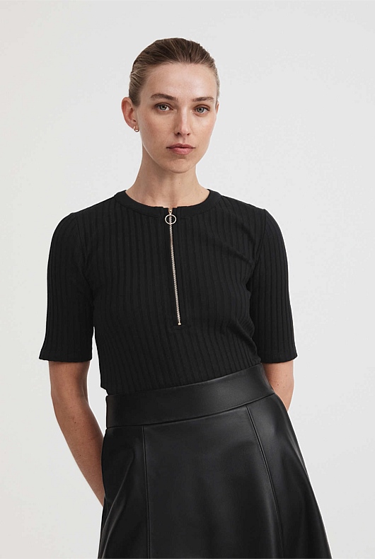 Cotton Rib Zip Front Top - Black
