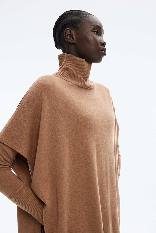 Silk Merino Longline Poncho - Camel