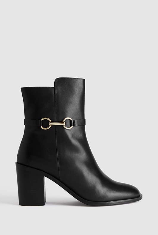 Snaffle Leather 75mm Heeled Boot - Black