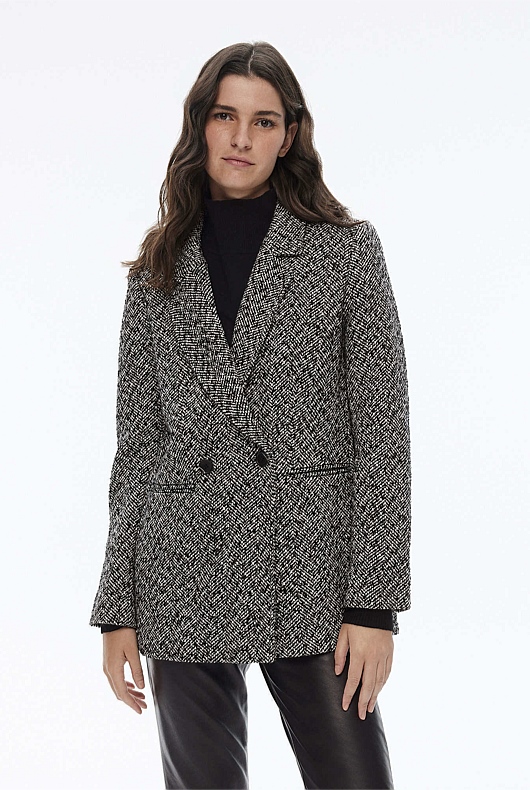 Wool Blend Herringbone Double-Breasted Blazer - Onyx