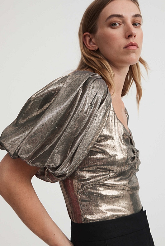Metallic Puff Sleeve Blouse - Pewter