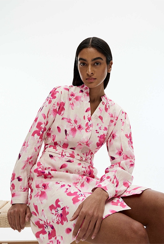 Ikat Bloom Print Dress - Buff