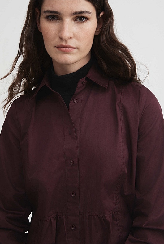 Cotton Mini Shirt Dress - Bordeaux