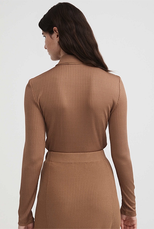 Rib Button Through Top - Camel