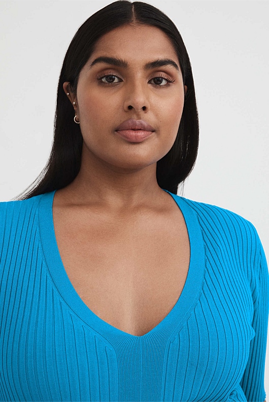 Rib V Neck Short Sleeve Knit - Bright Blue