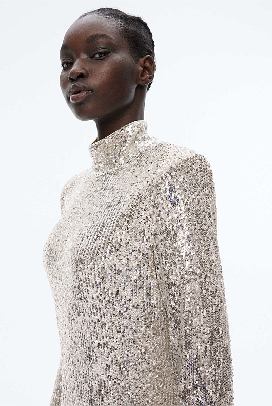 Sequin Mock Neck Dress - Silver