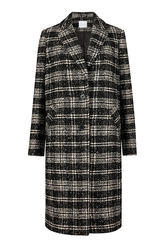 Wool Blend Yarn Dye Check Coat - Black