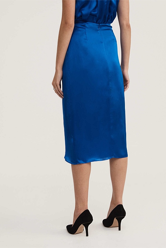 Silk Draped Front Skirt - Bold Blue
