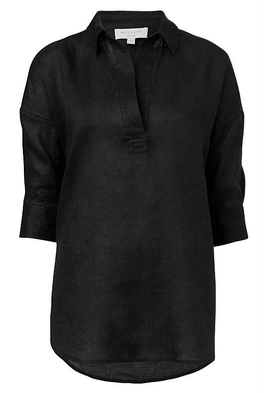 French Linen Pop Over Shirt - Black
