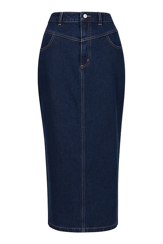 Yoke Front Longline Denim Skirt - Dark Indigo