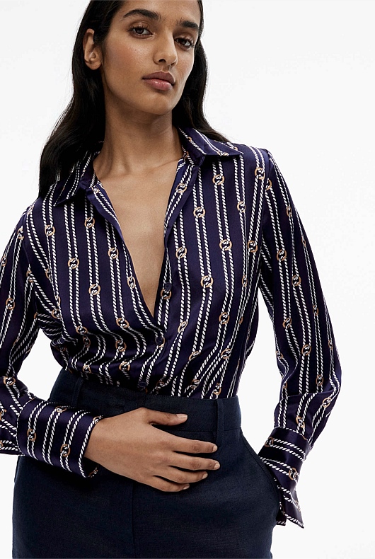 Silk Satin Rope Print Shirt - Deep Blue