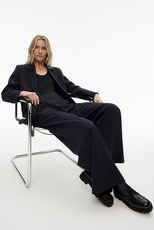 Pinstripe Wide Leg Trouser - Petrol Blue