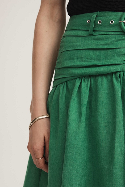 French Linen Belted Mini Skirt - Grass Green