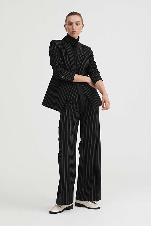 Single-Breasted Pinstripe Blazer - Black