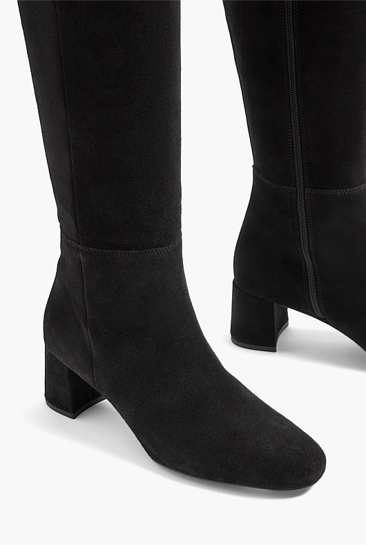 Block Heel Knee High Suede Boot - Black