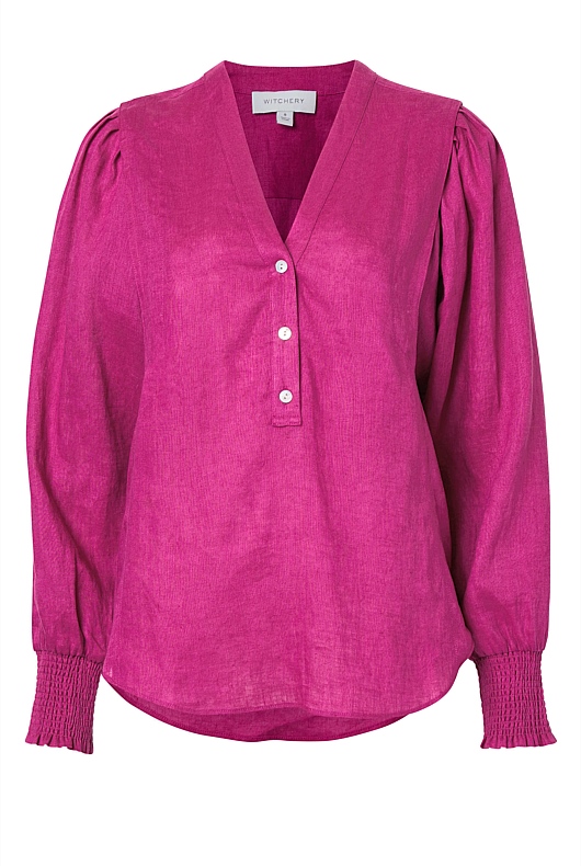 French Linen Half Placket Blouse - Mulberry