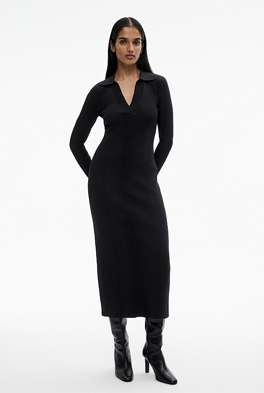 Crepe Henley Knit Dress - Black