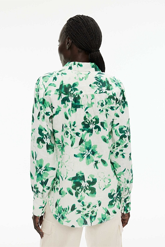 Linen Ikat Floral Volume Sleeve Shirt - Willow