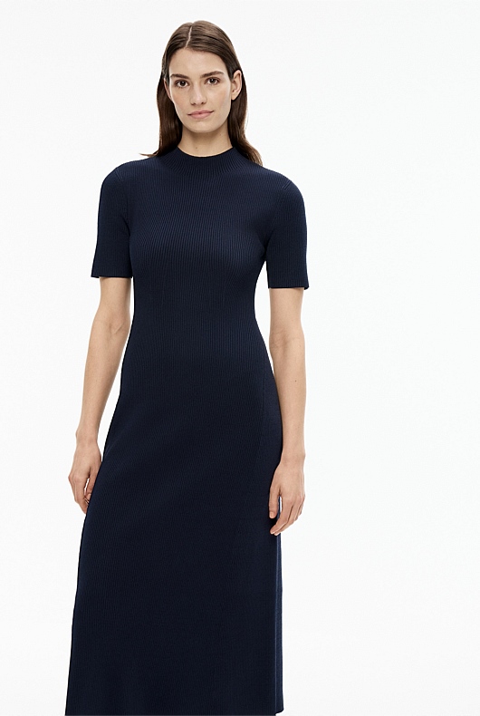 Rib Mock Neck Knit Dress - Blue Night