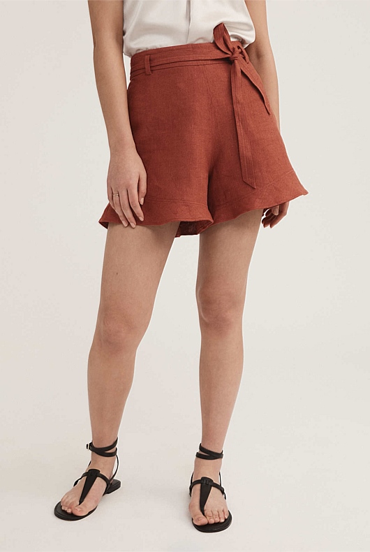Belt Detail Linen Short - Burnt Red
