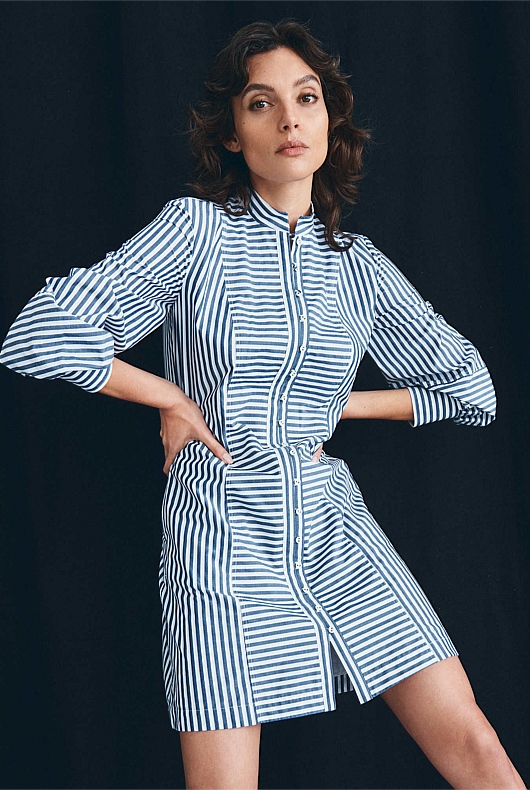 Cotton Stripe Mini Dress - Flint Blue