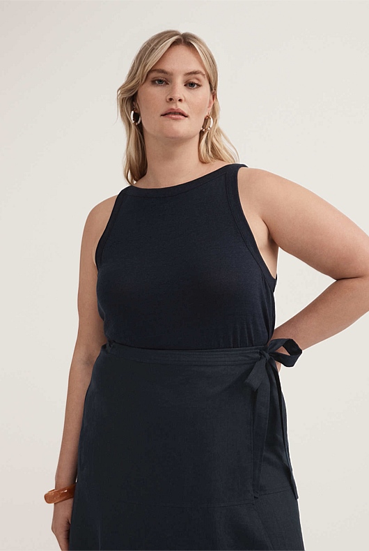 Linen Bind Detail Tank - Regatta Blue