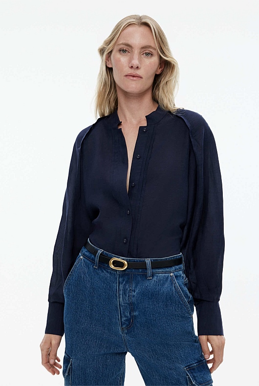 High Neck Raglan Sleeve Blouse - Blue Night