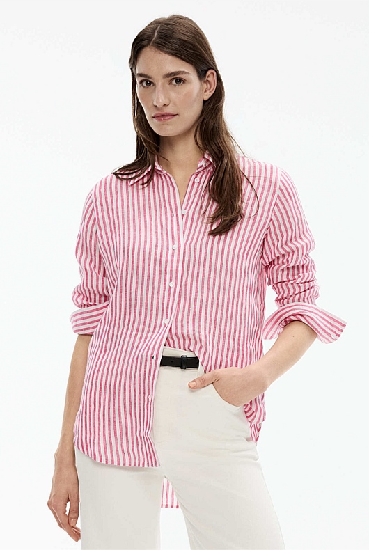 French Linen Stripe Shirt - Candy Pink