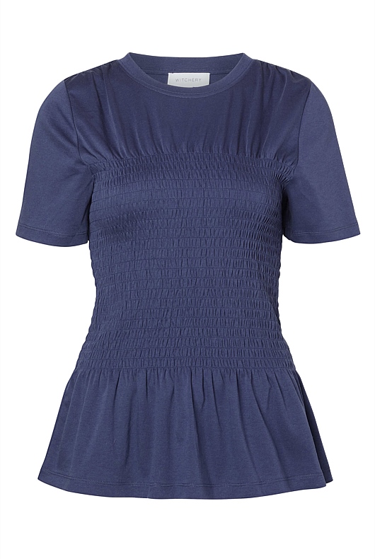 Cotton Shirred Bodice Tee - Ink Blue