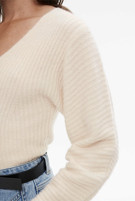 Alpaca Blend Rib V Neck Knit - Chalk