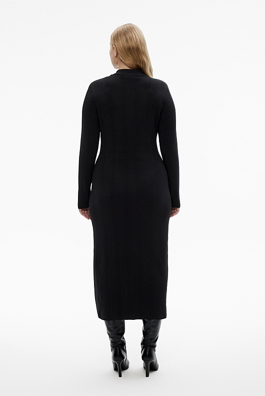Crepe Henley Knit Dress - Black