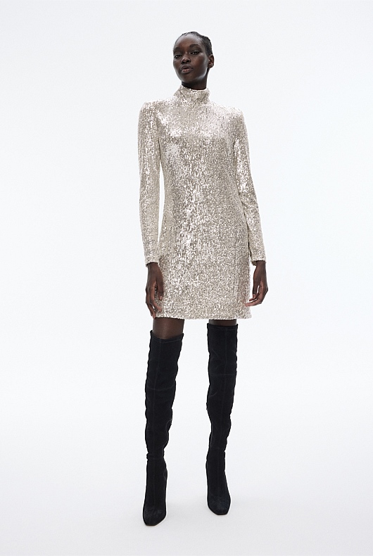 Sequin Mock Neck Dress - Silver